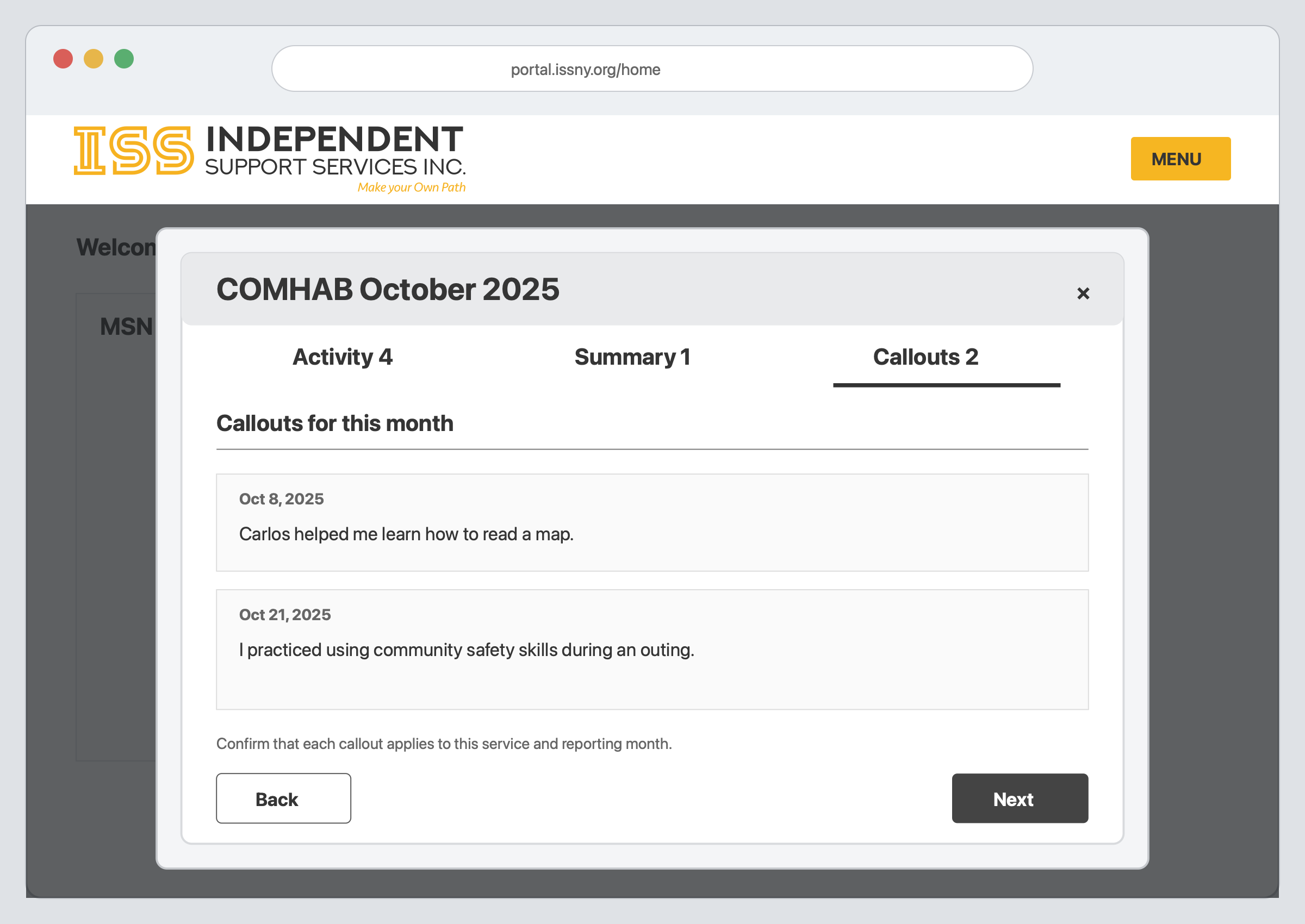 Callouts tab in a Monthly Summary Note