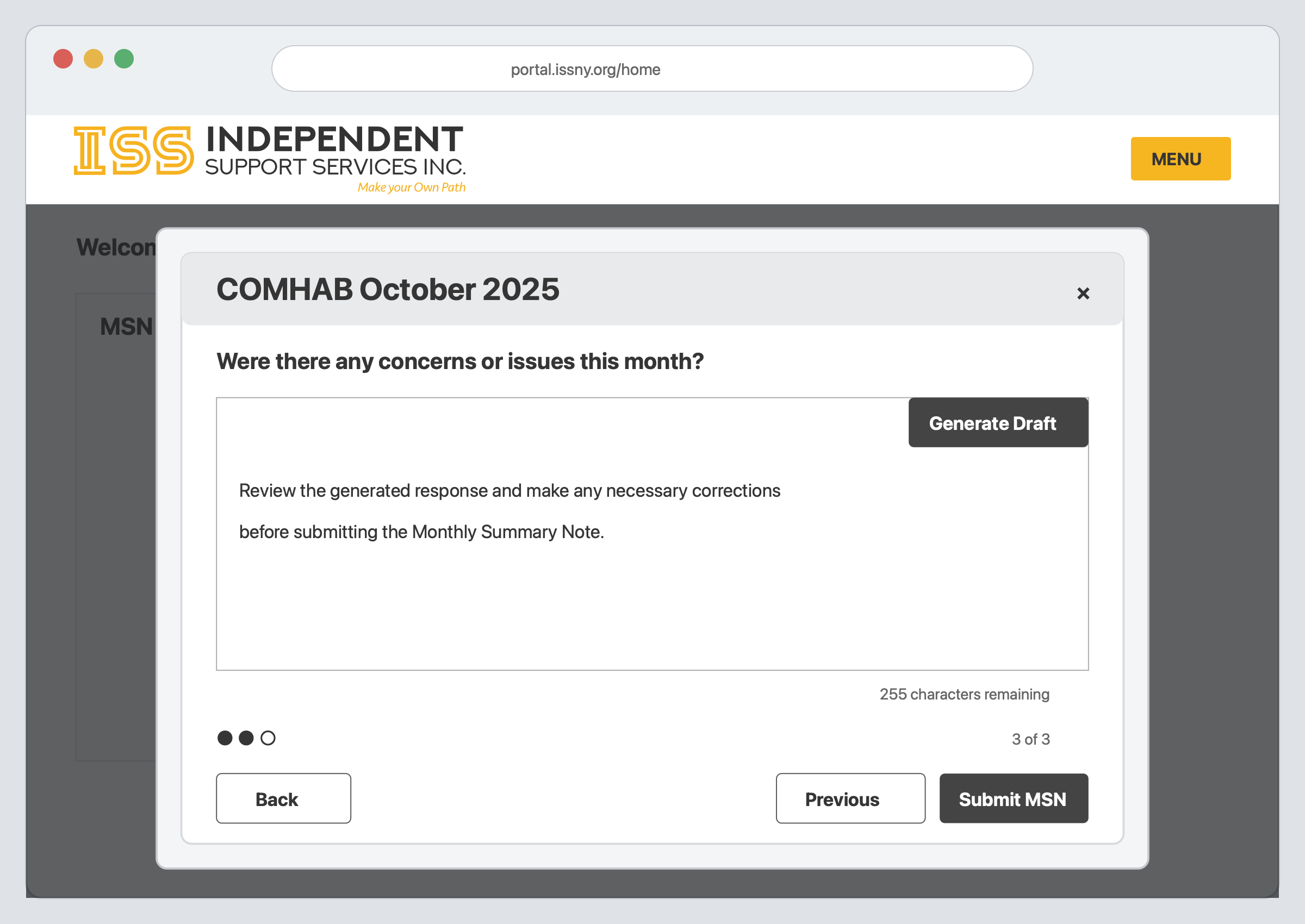 Final Monthly Summary Note question and Submit MSN button