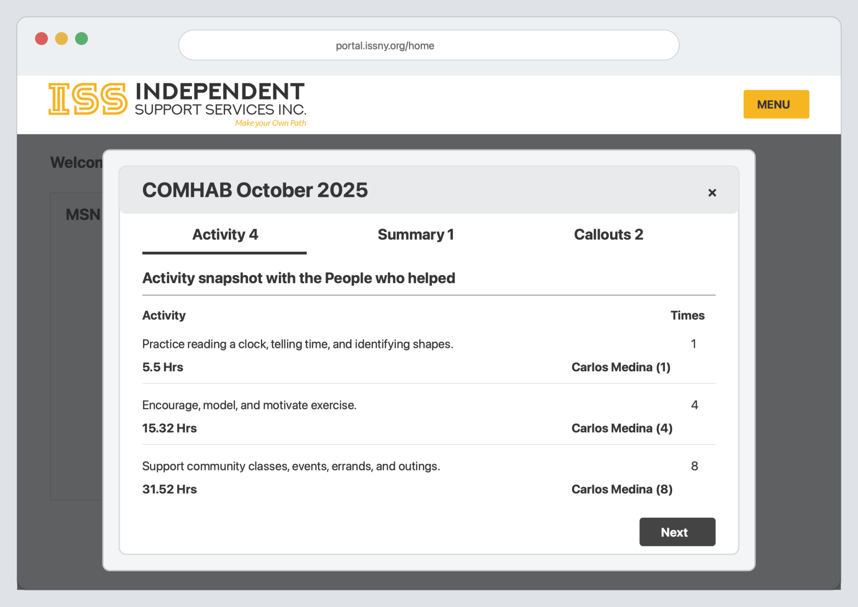 Activity tab in a Monthly Summary Note
