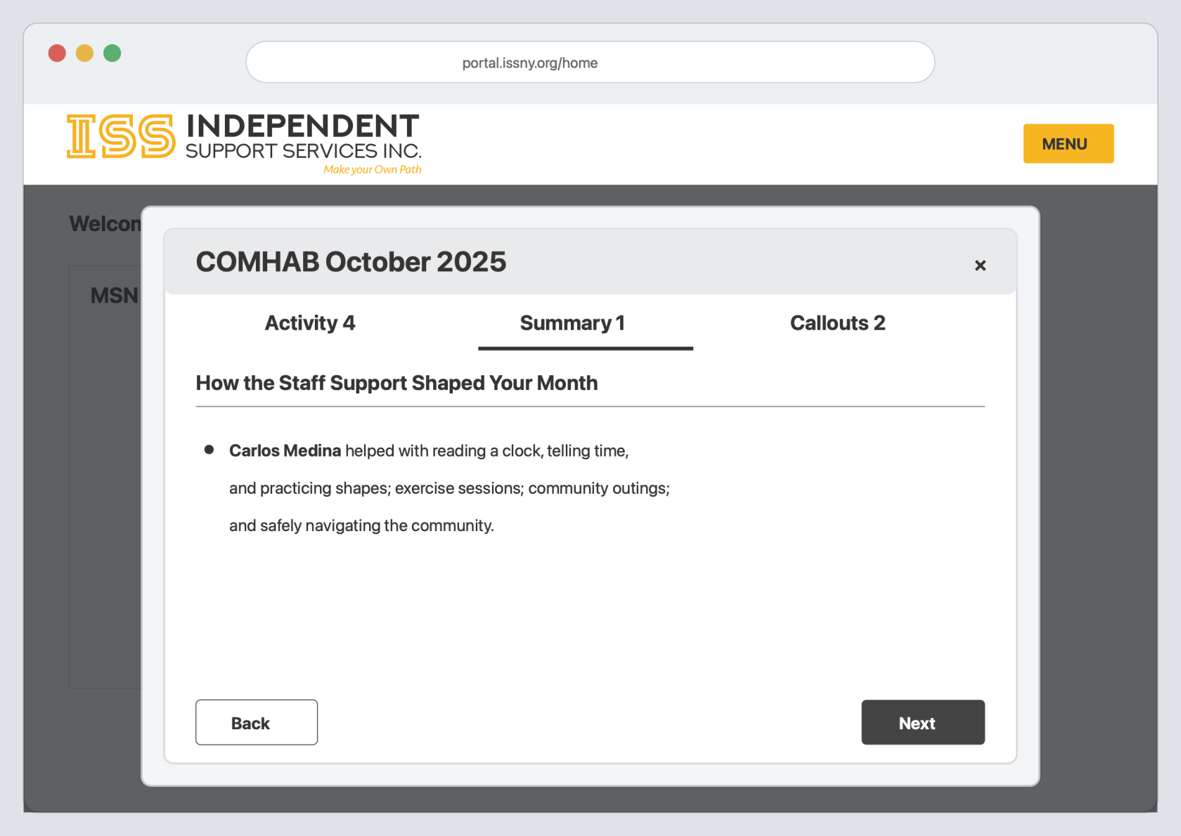 Summary tab in a Monthly Summary Note